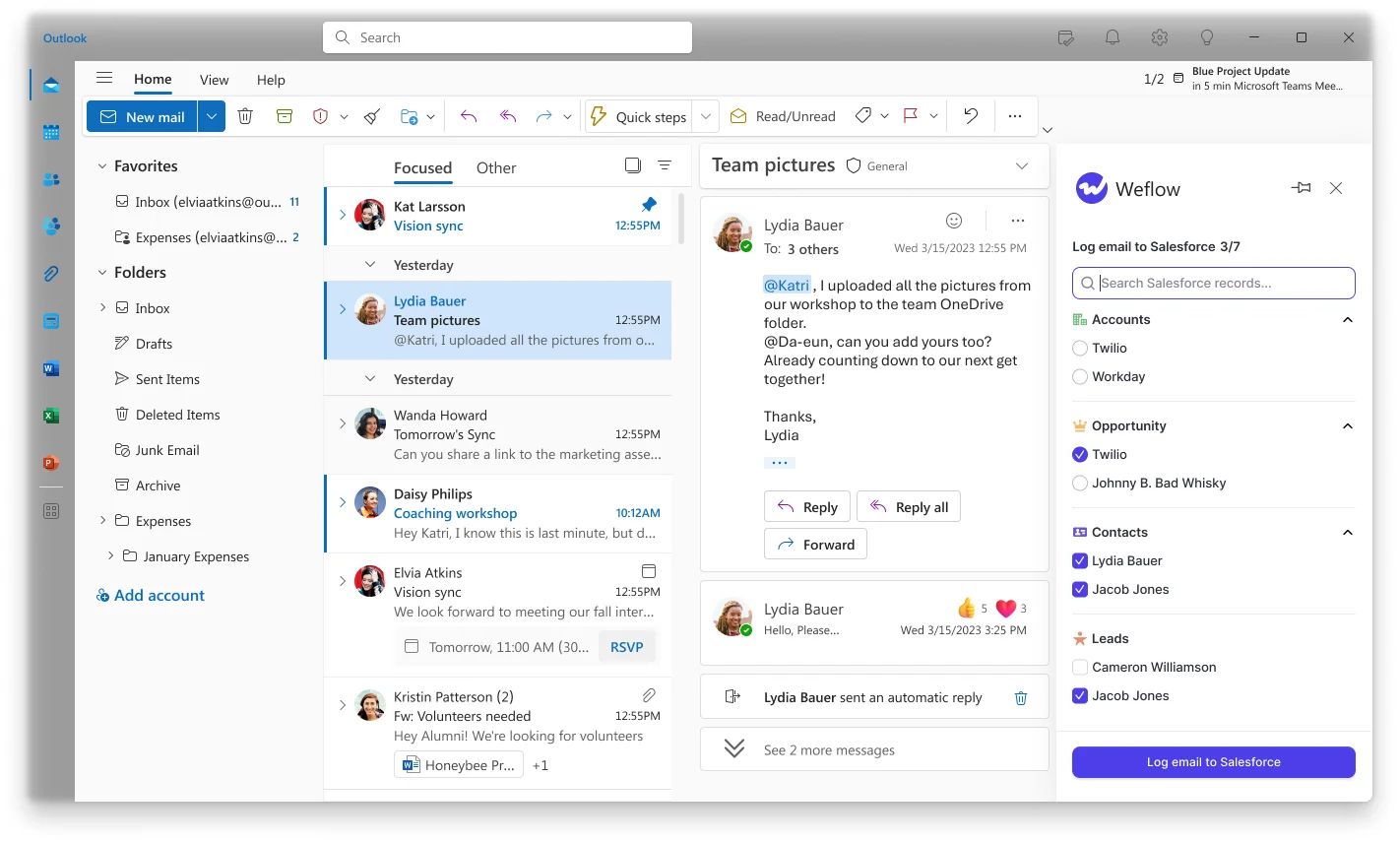 Weflow Outlook add-in showing the Salesforce records selected for an email
