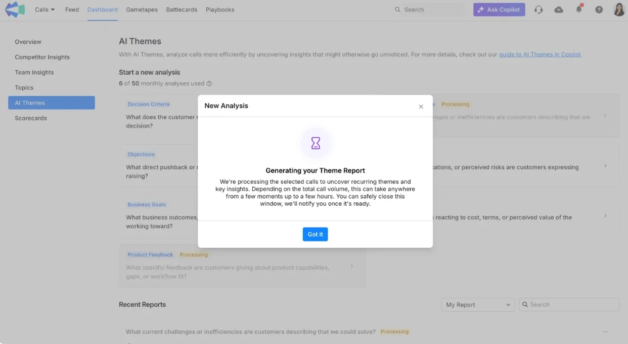 Clari Copilot AI Themes screen showing six of fifty monthly analyses used and a set of fixed preset questions