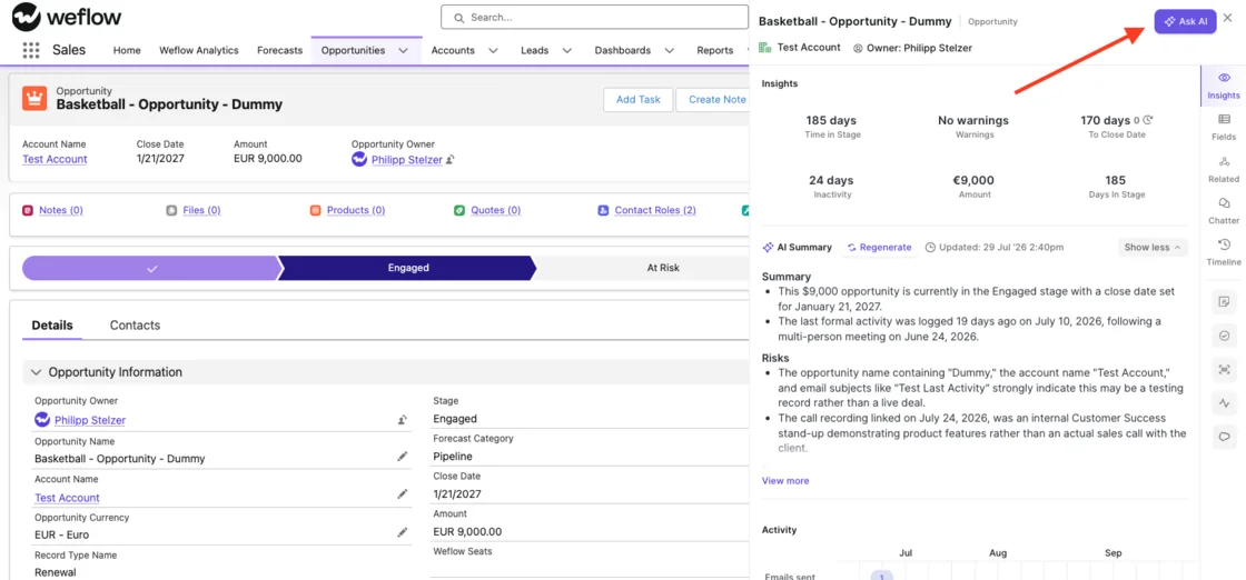 Weflow sidebar open on a Salesforce opportunity with the Ask AI button highlighted, showing deal insights and an AI summary