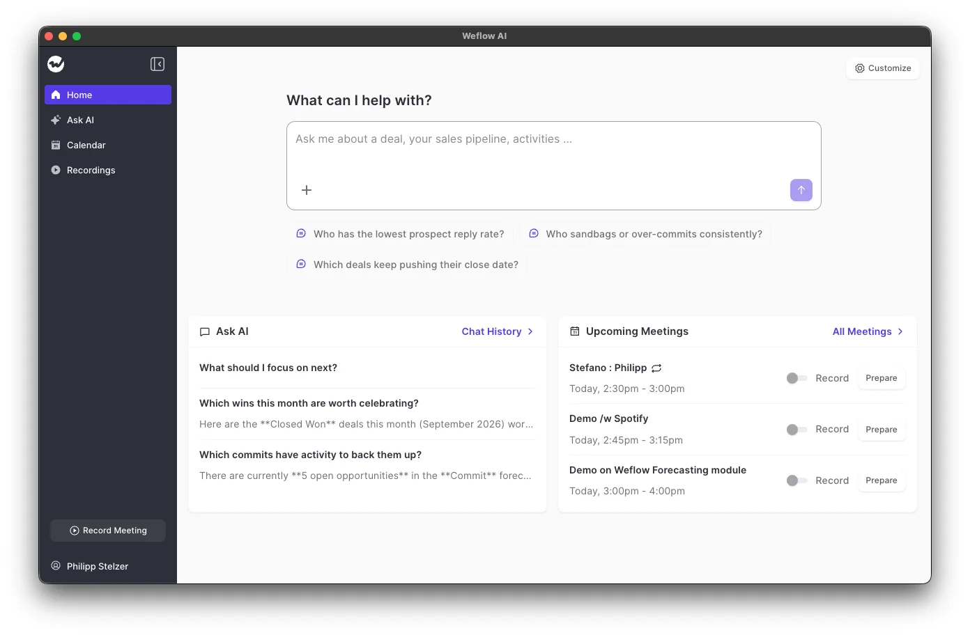Weflow desktop app home screen on macOS showing the Ask AI prompt box, recent chat history, upcoming meetings with Record toggles, and the Record Meeting button in the sidebar.