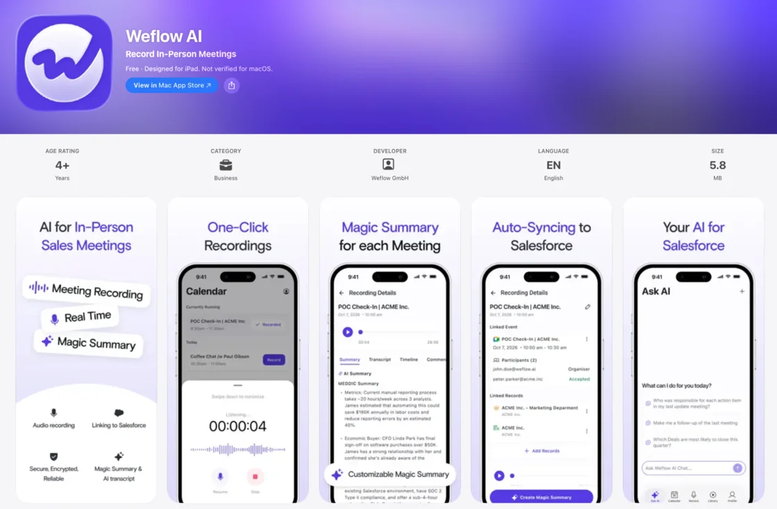 Weflow AI app store page showing in-person meeting recording, one-click recordings, magic summary, Salesforce auto-sync and Ask AI screens