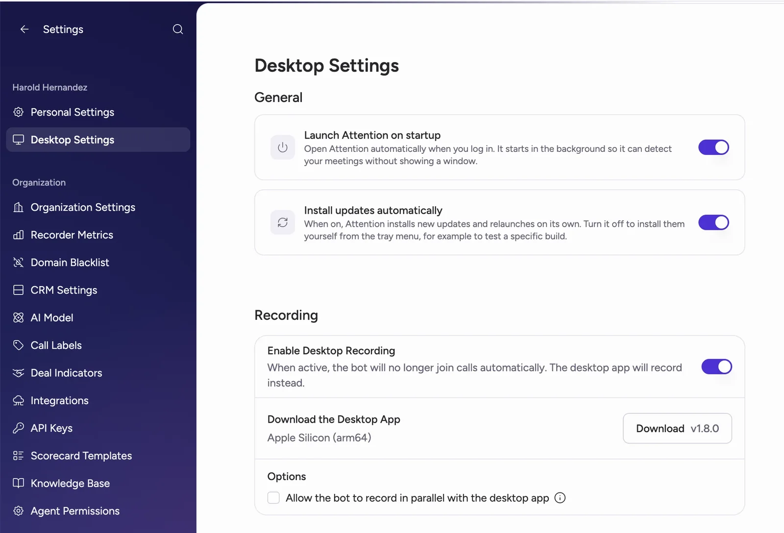 Attention Desktop Settings page with Enable Desktop Recording switched on, the desktop app download for Apple Silicon, and the option to let the bot record in parallel.