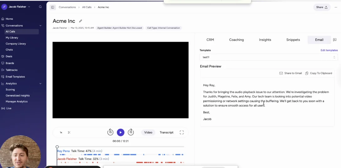 Attention conversation page with the Email tab open, showing a generated follow-up email preview and only two actions on it: Share to Gmail and Copy To Clipboard.