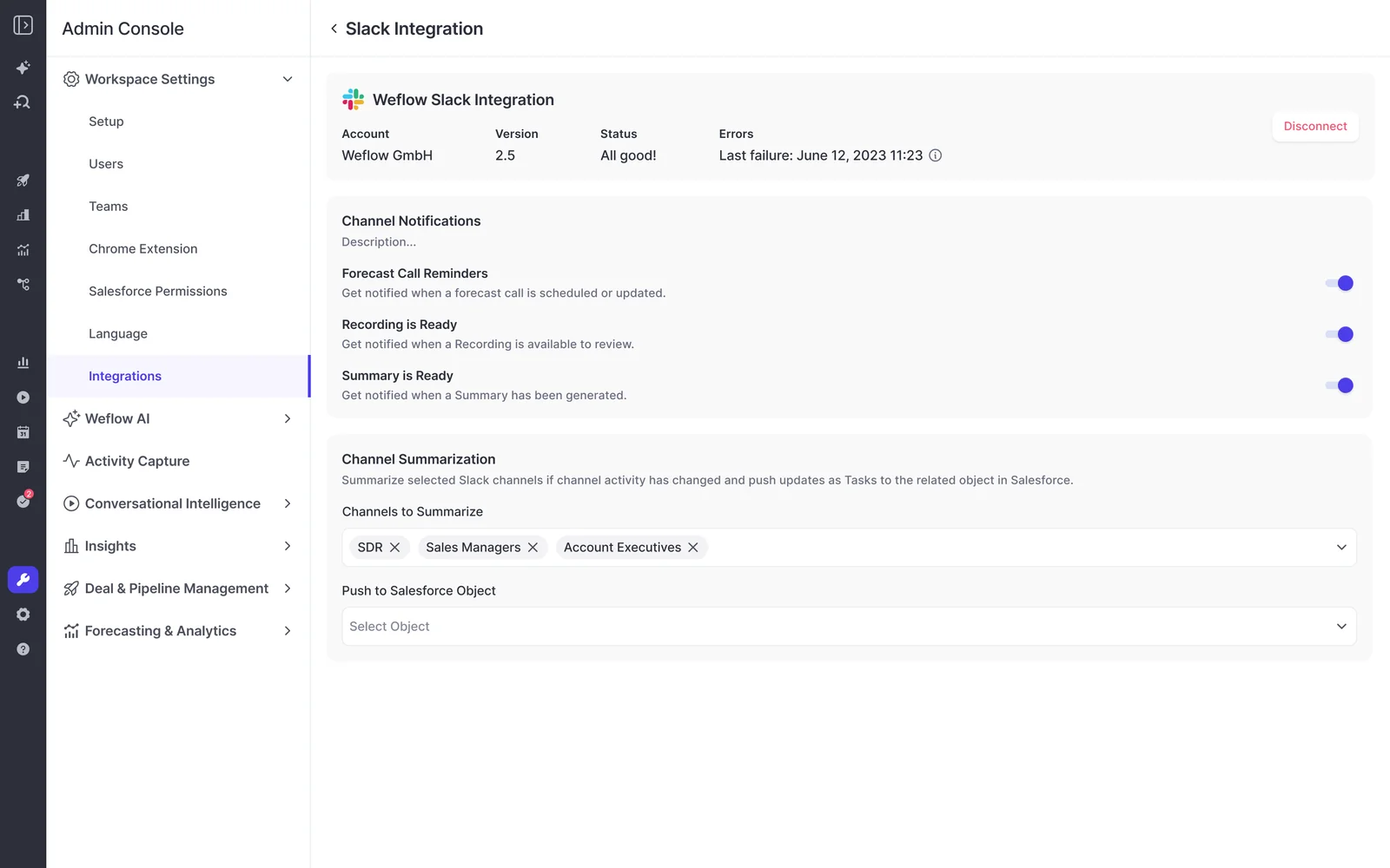 Weflow Admin Console Slack Integration settings with channel notification toggles and channel summarization options.