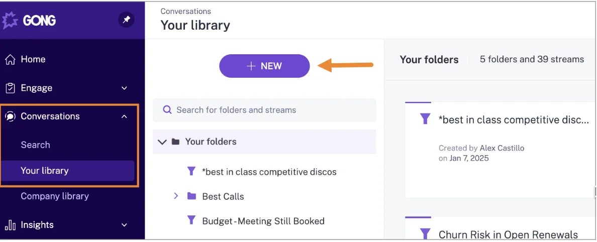Gong Your library screen listing personal folders and filter-based streams.