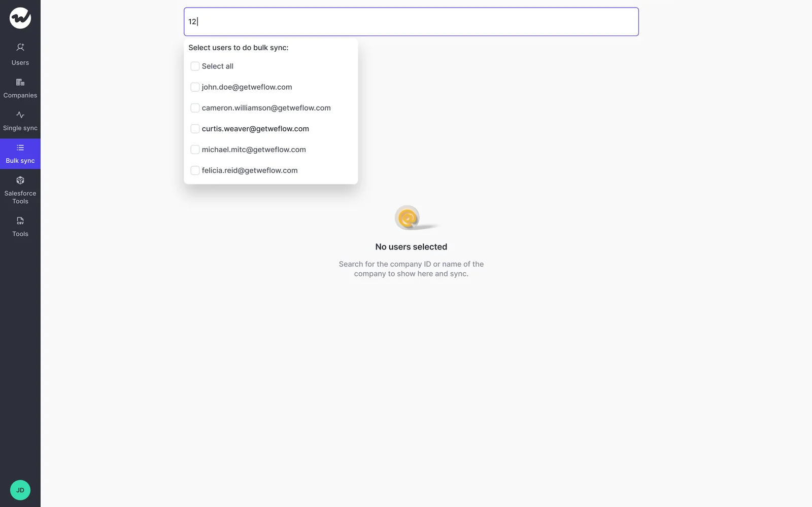 Weflow Admin Console bulk email sync-back screen with a user selection dropdown open for choosing users to sync