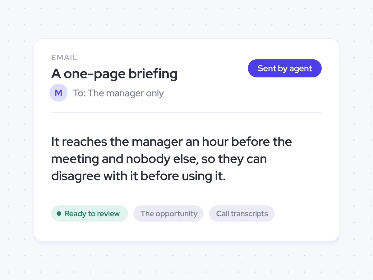A one-page one-to-one briefing in the manager’s inbox before the meeting