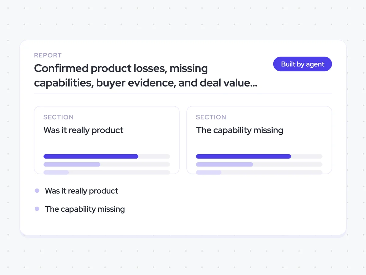 Confirmed product losses, missing capabilities, buyer evidence, and deal value in a gap report for Product