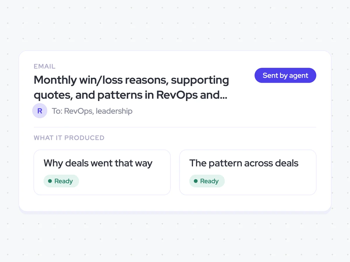 Monthly win/loss reasons, supporting quotes, and patterns in RevOps and leadership inboxes
