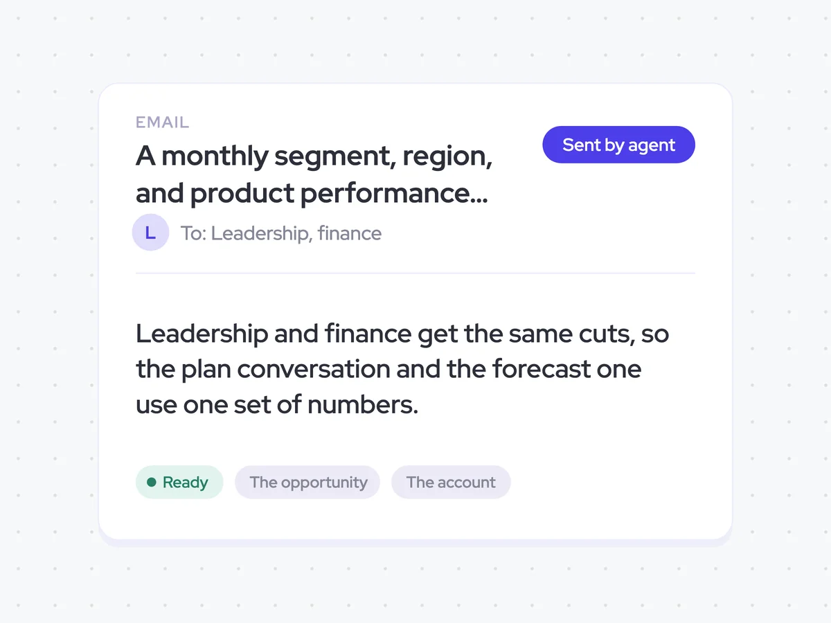 A monthly segment, region, and product performance report in leadership and finance inboxes