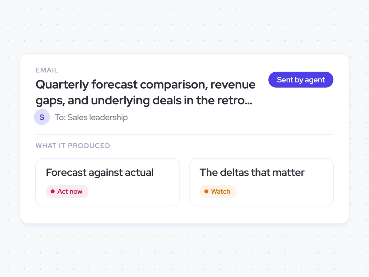Quarterly forecast comparison, revenue gaps, and underlying deals in the retro record and sales leadership’s inbox