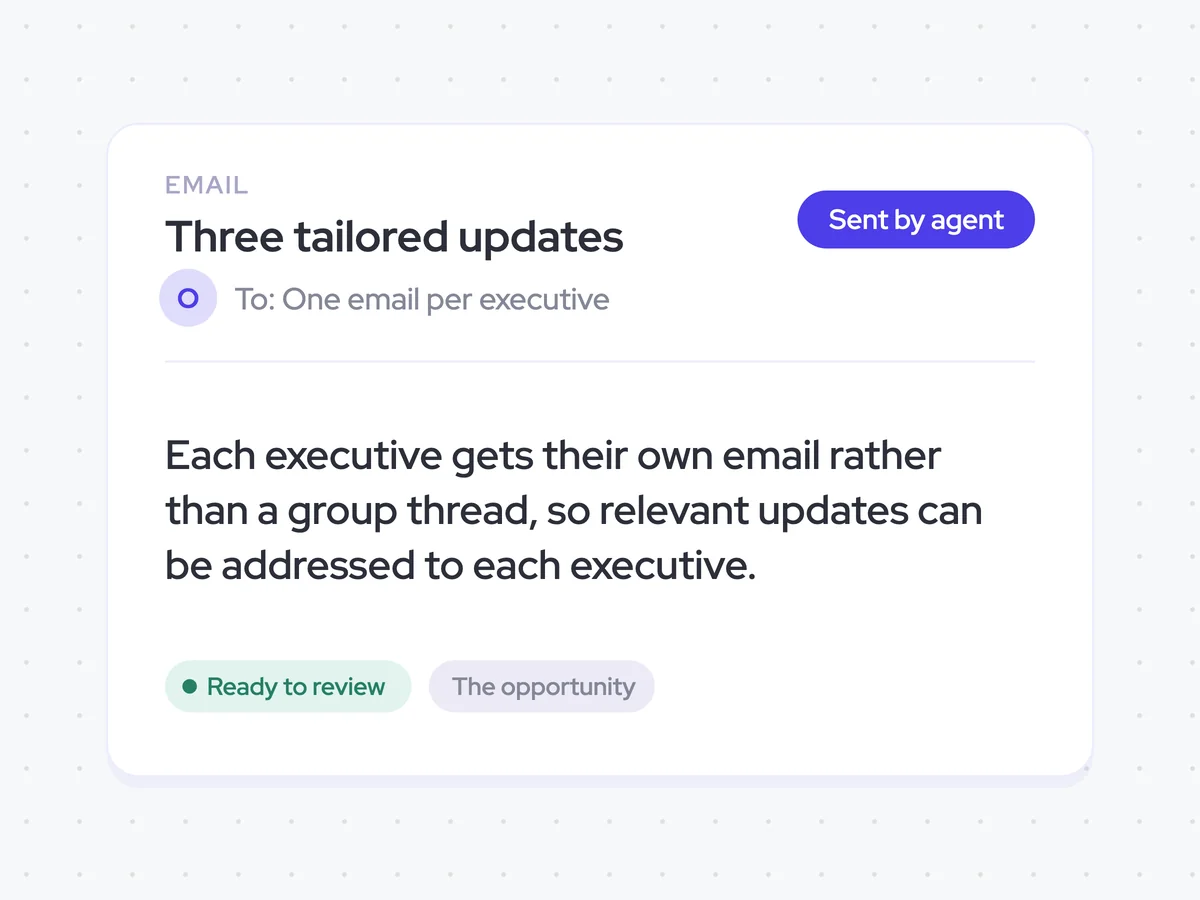 Three tailored weekly updates in separate emails to each executive