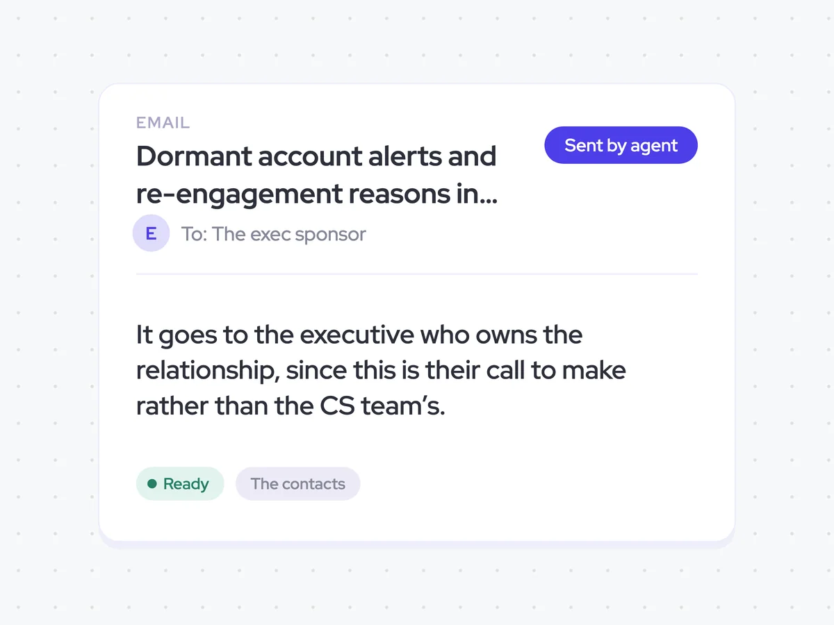 Dormant account alerts and re-engagement reasons in each executive sponsor’s inbox