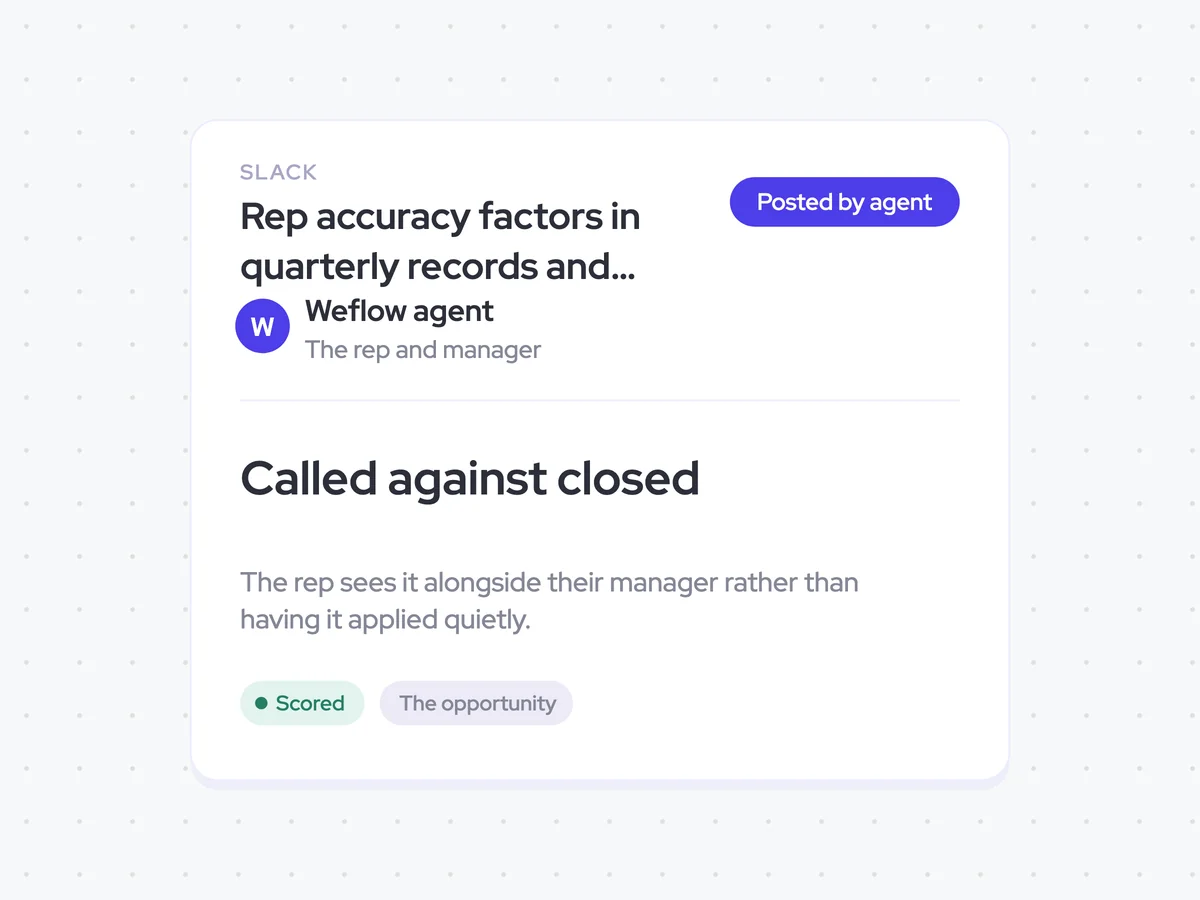 Rep accuracy factors in quarterly records and Slack messages to reps and managers