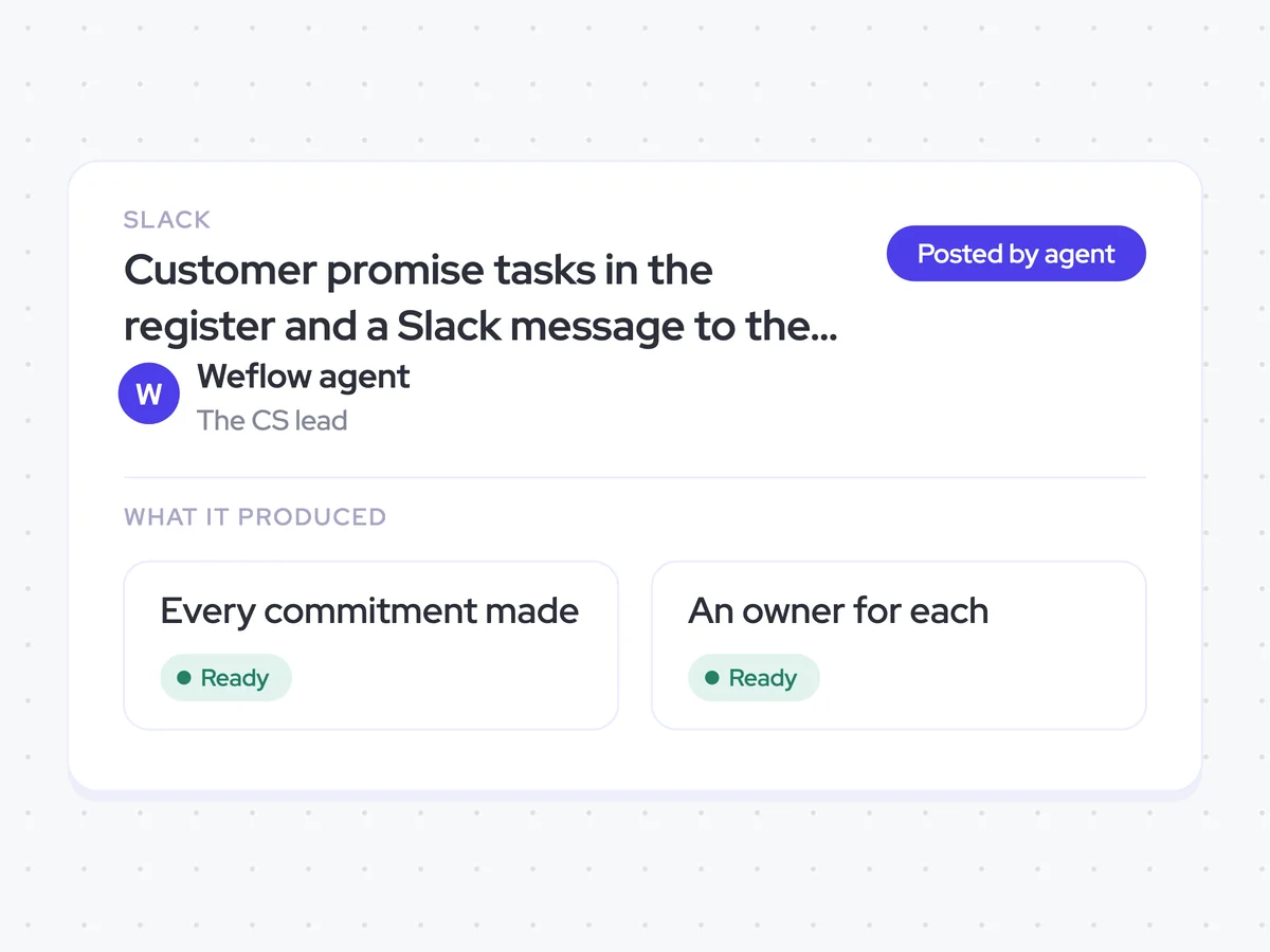 Customer promise tasks in the register and a Slack message to the CS lead