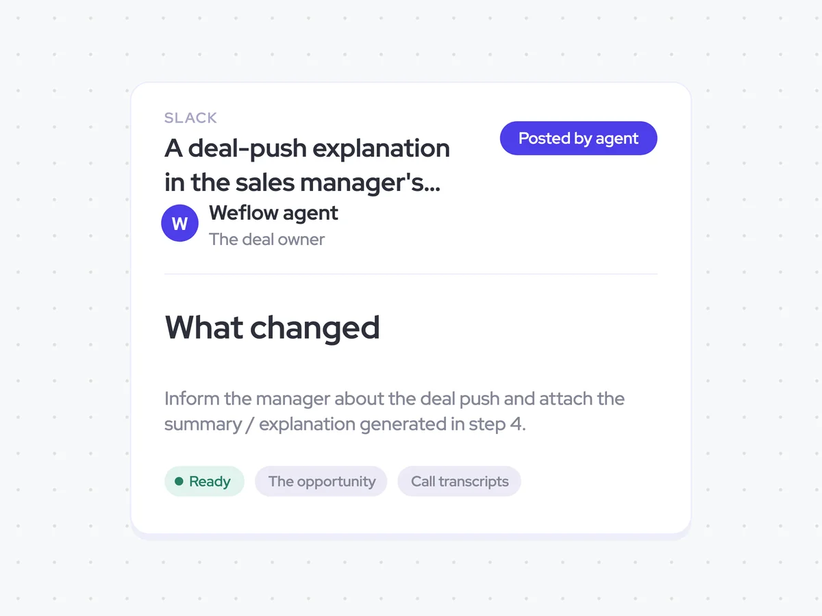A deal-push explanation in the sales manager's Slack messages