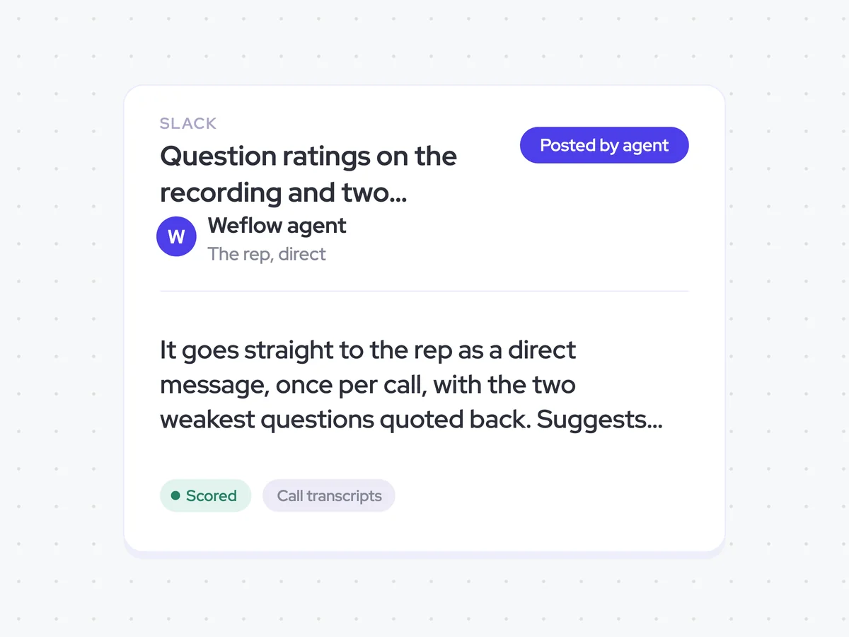 Question ratings on the recording and two quoted questions with improvements in the rep's Slack