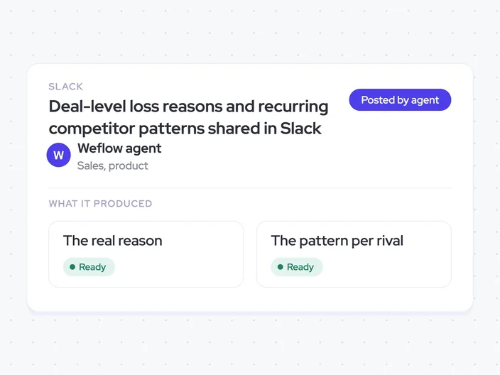 Deal-level loss reasons and recurring competitor patterns shared in Slack