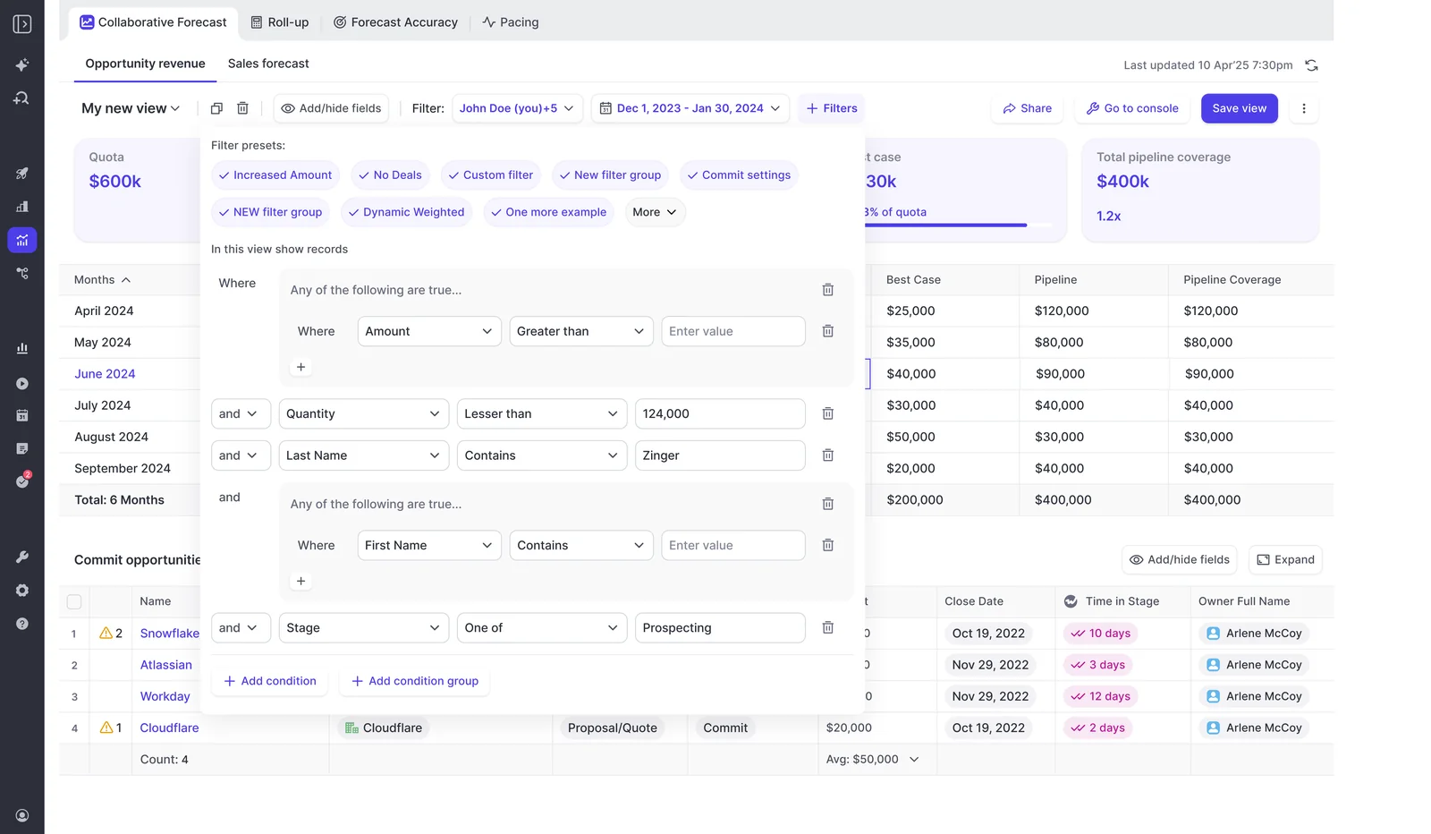 Weflow Collaborative Forecast with filter presets popover and conditional rules builder open