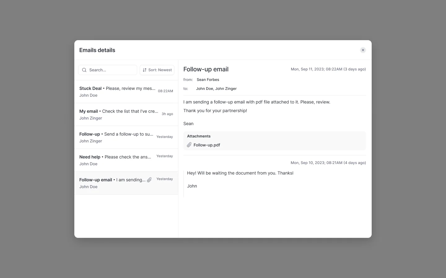 Weflow Emails details modal showing a threaded follow-up email with attachment