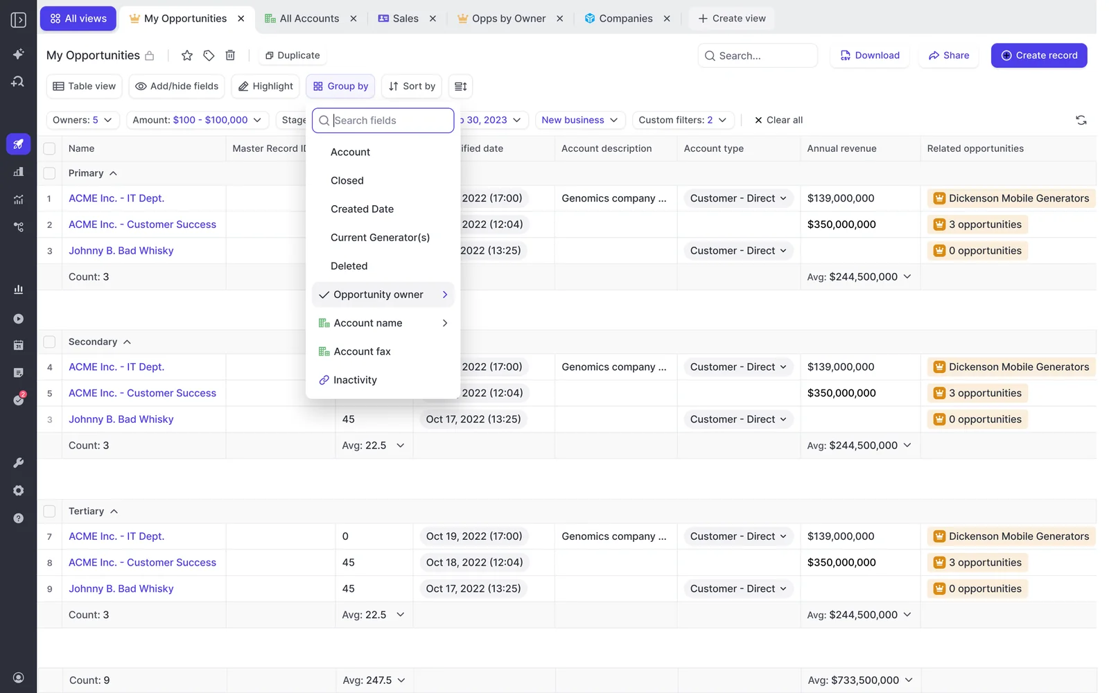 Weflow Opportunities table with Group by dropdown open showing field options