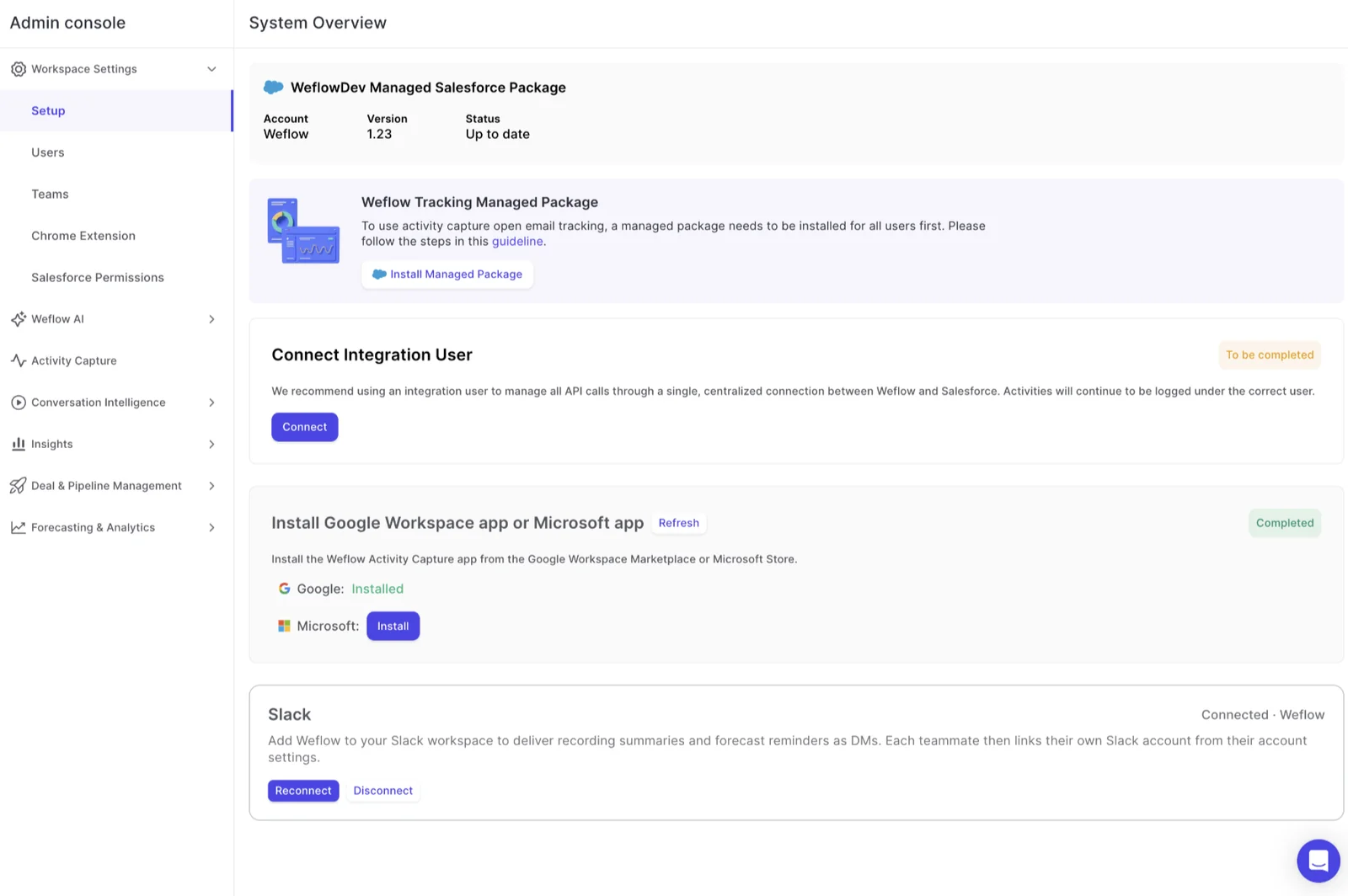 Weflow Admin console System Overview with a connected Slack integration card offering Reconnect and Disconnect.