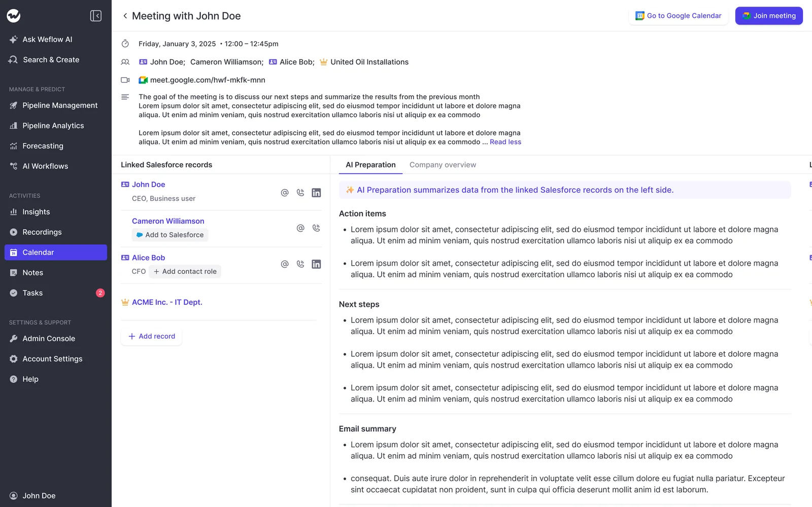 Weflow pre-meeting AI preparation pulling action items and email summary from linked Salesforce records