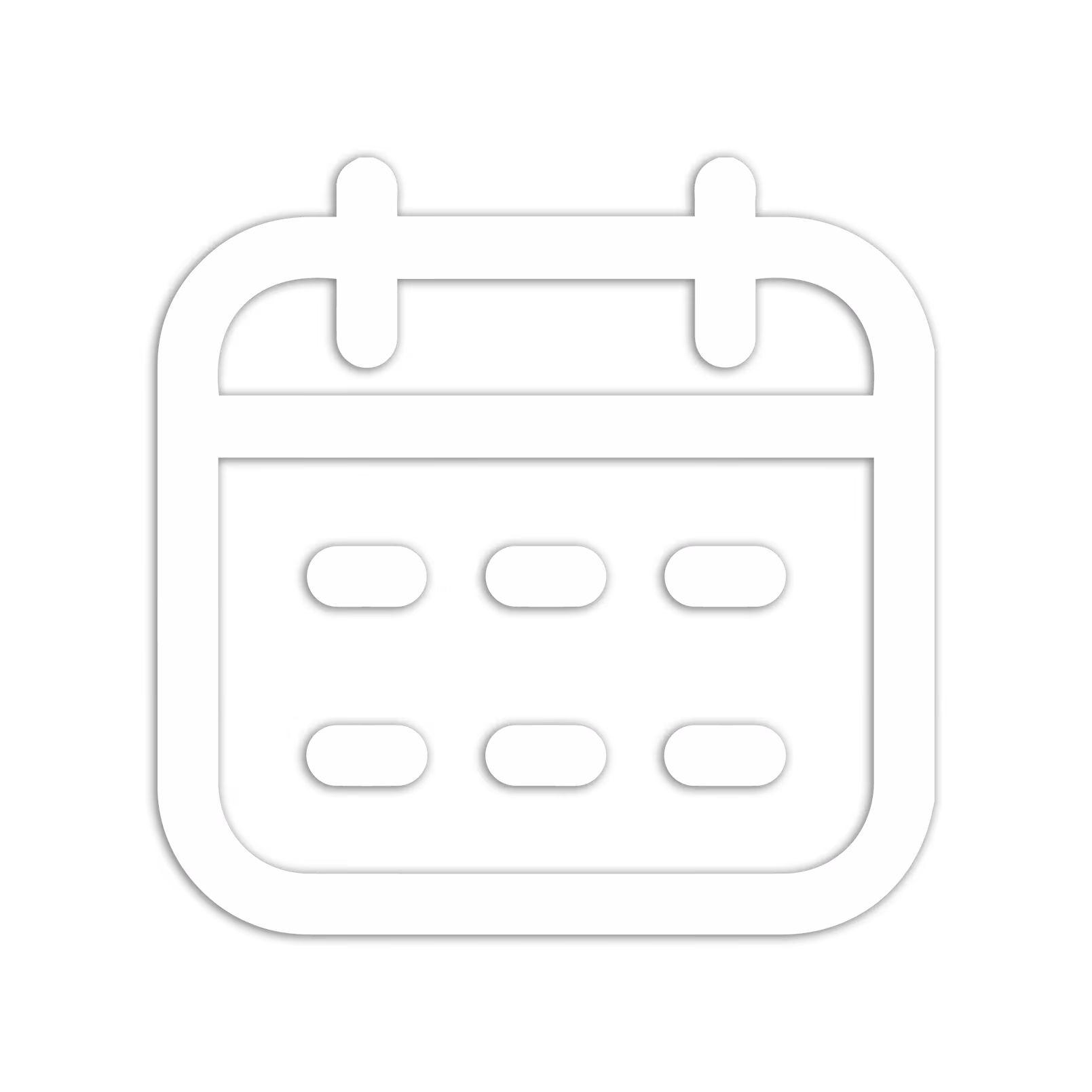 Black and white line-art calendar icon with two rings and six oval date markers.