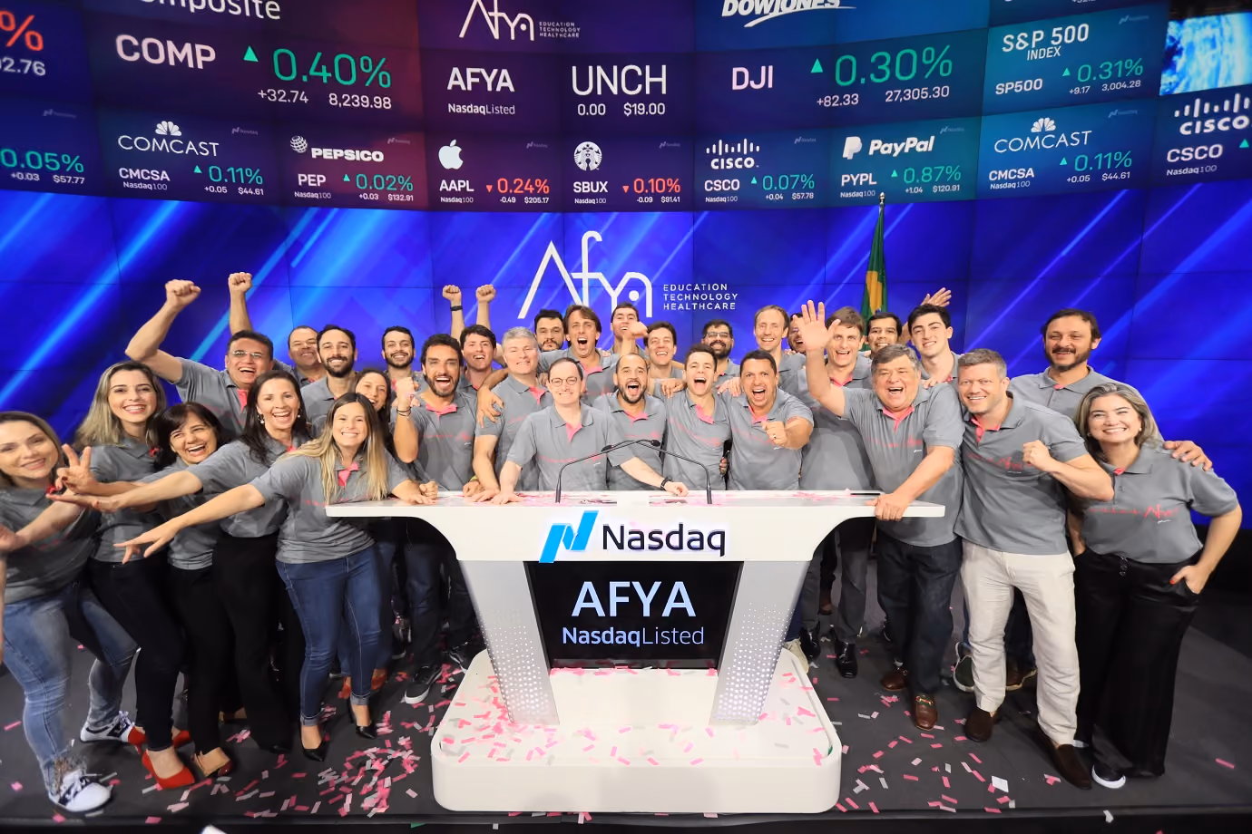 Group of people celebrating Afya's Nasdaq listing in front of a Nasdaq podium with stock data screens behind.