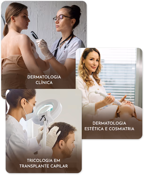 Three images: doctor examining skin with magnifying glass, woman using device on patient face, and scalp exam with light.