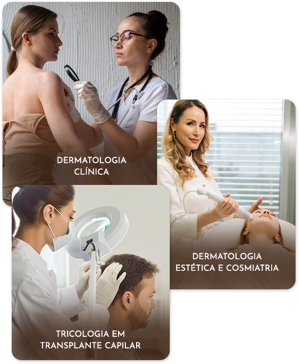 Three images: doctor examining skin with magnifying glass, woman using device on patient face, and scalp exam with light.