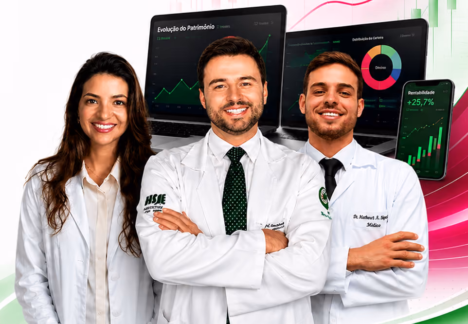 Smiling medical professionals in white coats with financial growth charts on screens behind them.
