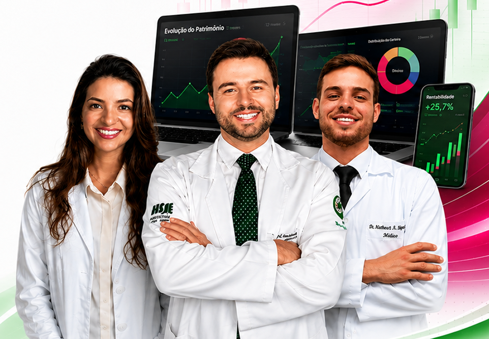 Smiling medical professionals in white coats with financial growth charts on screens behind them.