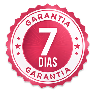 Round pink and white badge with text 'Garantia 7 Dias Garantia' and star icons.