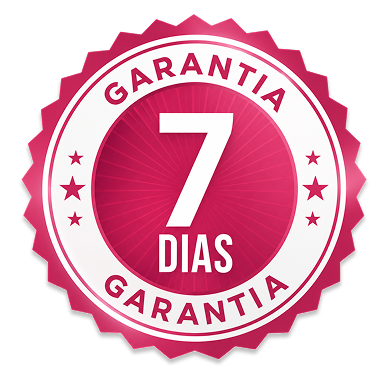 Round pink and white badge with text 'Garantia 7 Dias Garantia' and star icons.