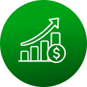 White line graph with ascending bars and dollar sign on green circular background.
