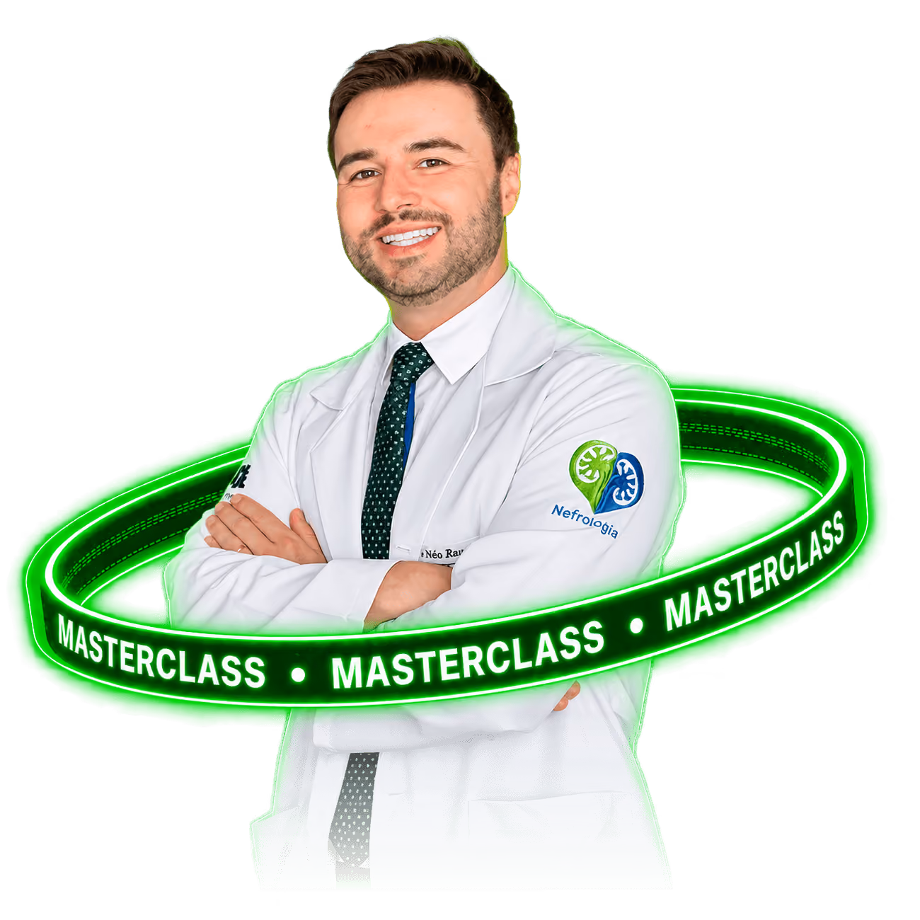 Smiling man in a white lab coat with Nefrologia logo and a green glowing ring that says MASTERCLASS.