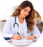 Female doctor wearing a stethoscope writing notes at a desk with medical books nearby.