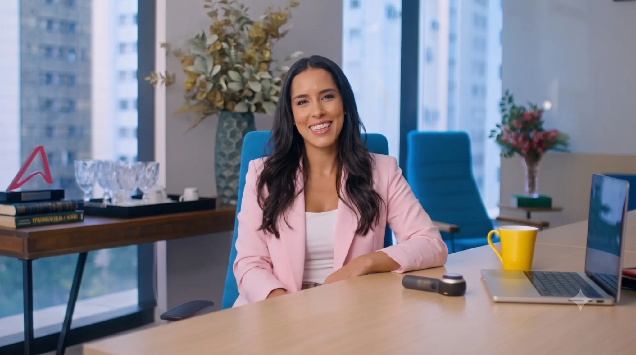 Isabela Tolentino, aluna da Pós-Graduação em Dermatologia, sorrindo sentada à mesa de um escritório