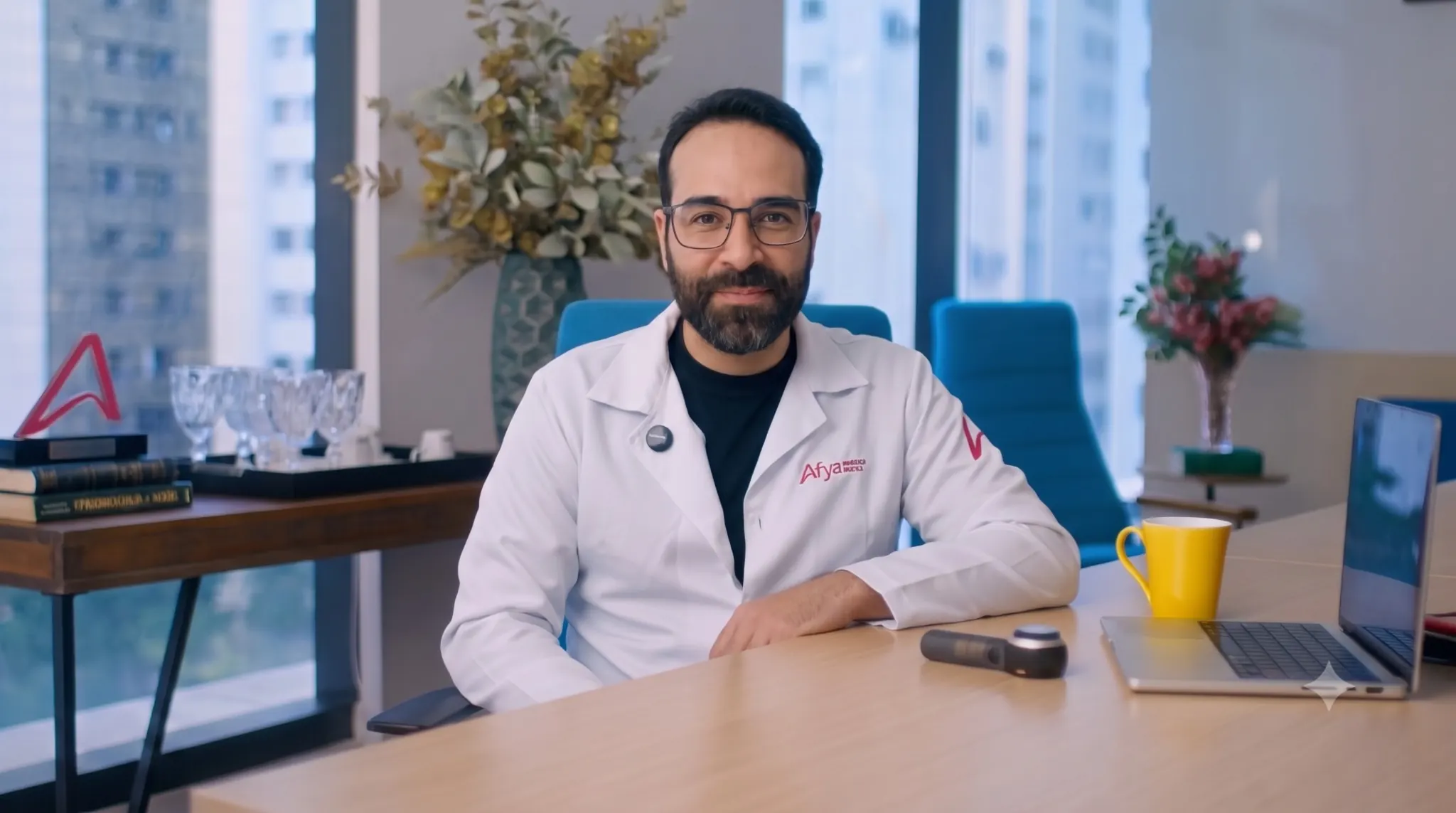 Amador, aluno da Especialização em Endocrinologia, de óculos e jaleco da Afya, sentado à mesa de um escritório
