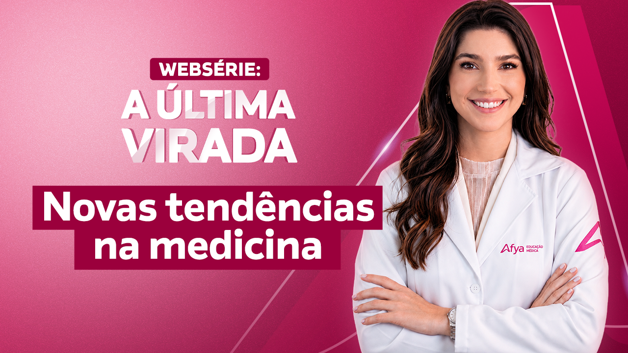 Smiling woman in white medical coat with crossed arms beside text about new trends in medicine web series.