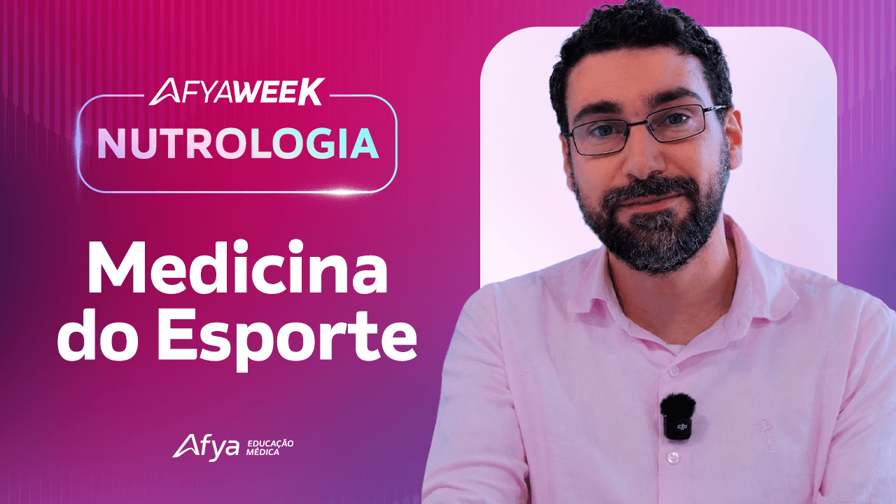 Man with glasses and beard in pink shirt against purple background with text about sports medicine.