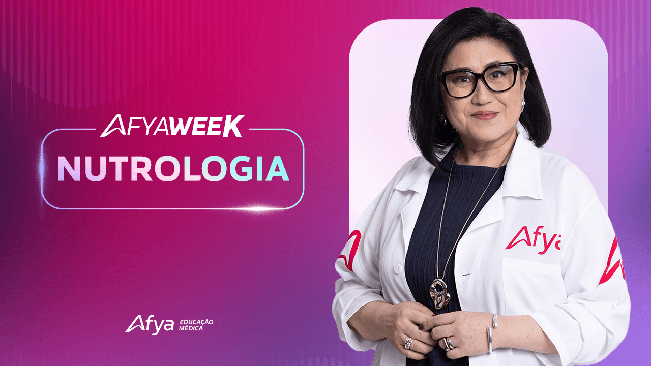 Woman in glasses and white lab coat with Afya logo, against a magenta-blue gradient background with Nutrologia text.
