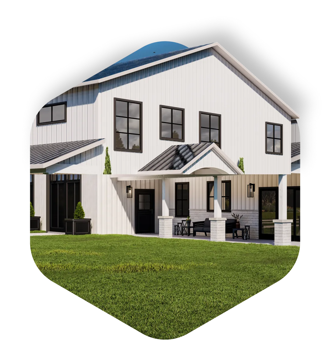 Two-story modern farmhouse with white siding, black-framed windows, a covered porch, and a well-kept lawn.