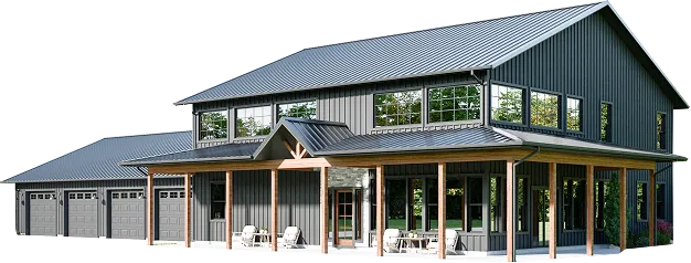 Modern large gray barndominium with wrap-around porch and multiple garage doors.
