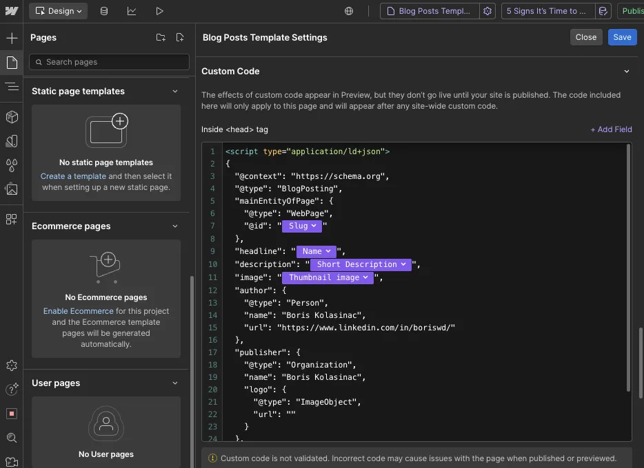 Adding a Schema code to the Webflow <head> tag