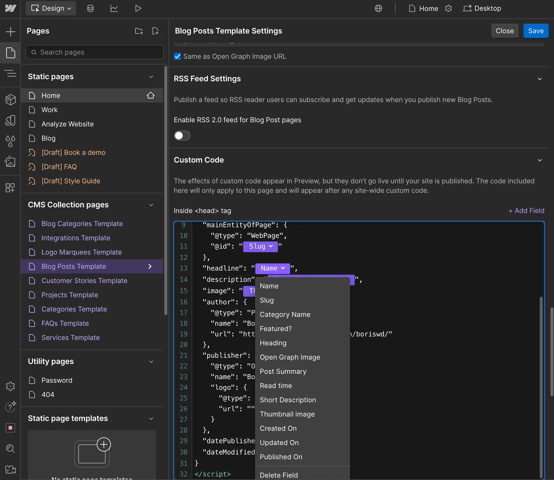 Customizing Schema code inside <head> tag