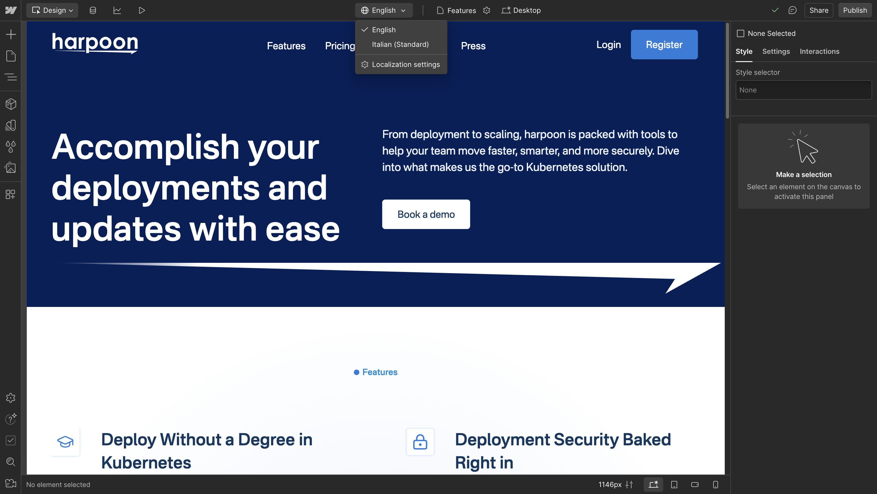 Webflow Localization choose between the languages