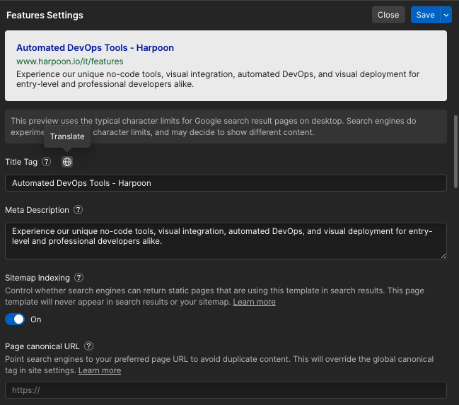 Webflow localization configure the SEO options