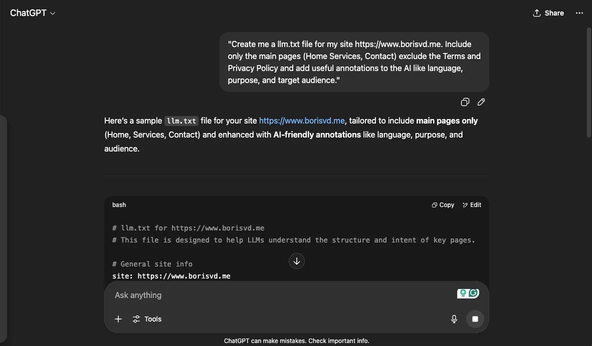 Chagpt prompt for creating best llm.txt